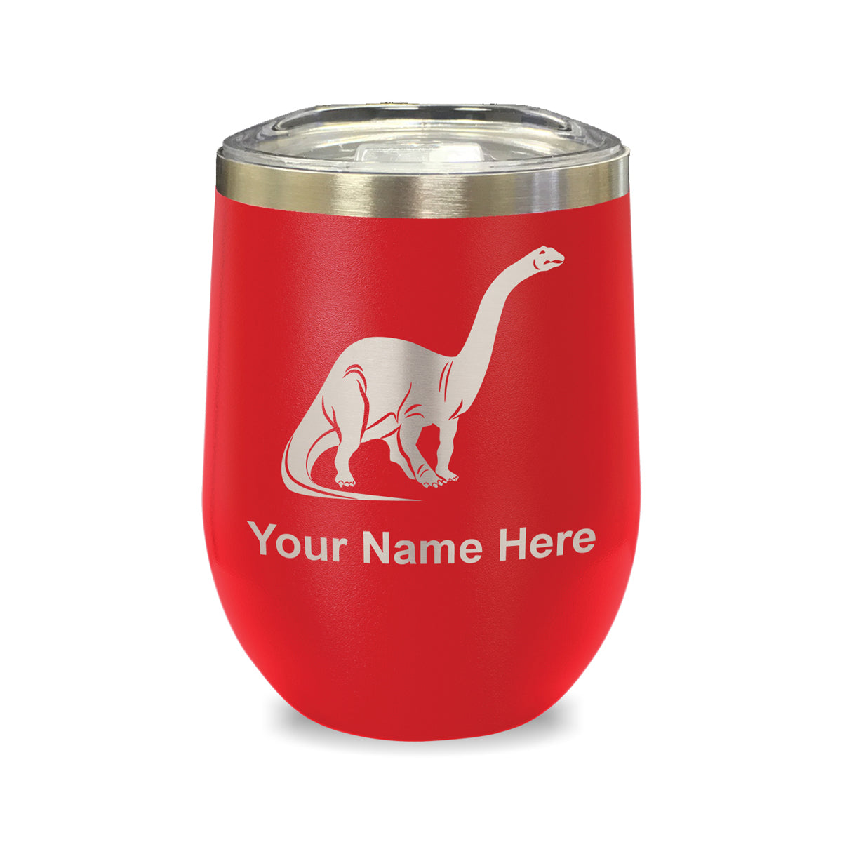 LaserGram Double Wall Stainless Steel Wine Glass, Brontosaurus Dinosaur, Personalized Engraving Included
