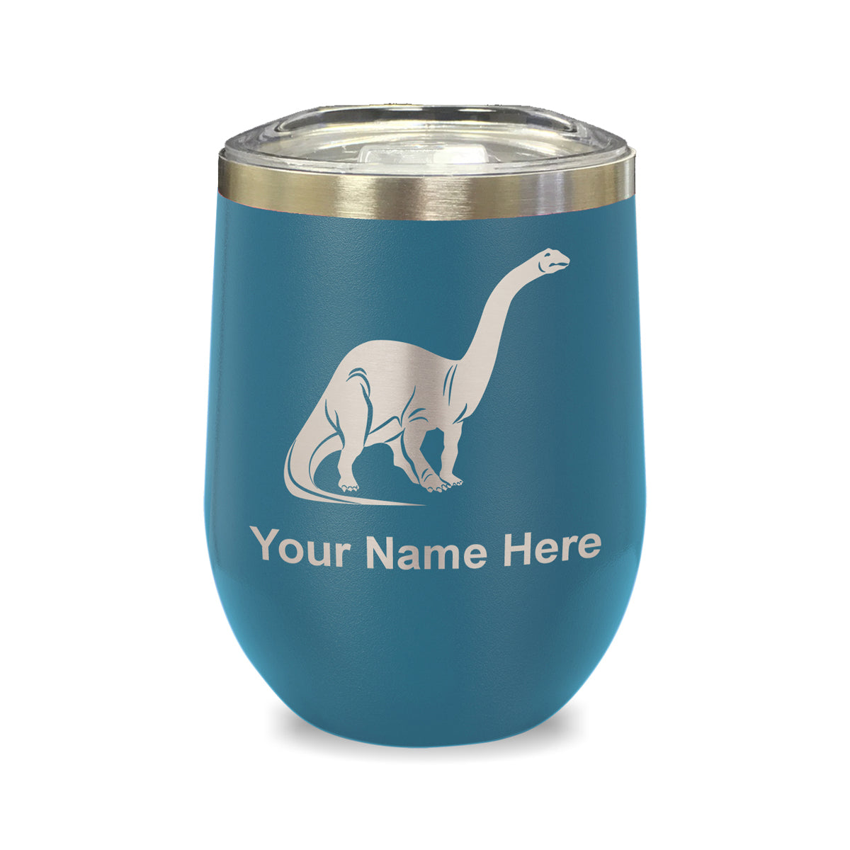 LaserGram Double Wall Stainless Steel Wine Glass, Brontosaurus Dinosaur, Personalized Engraving Included