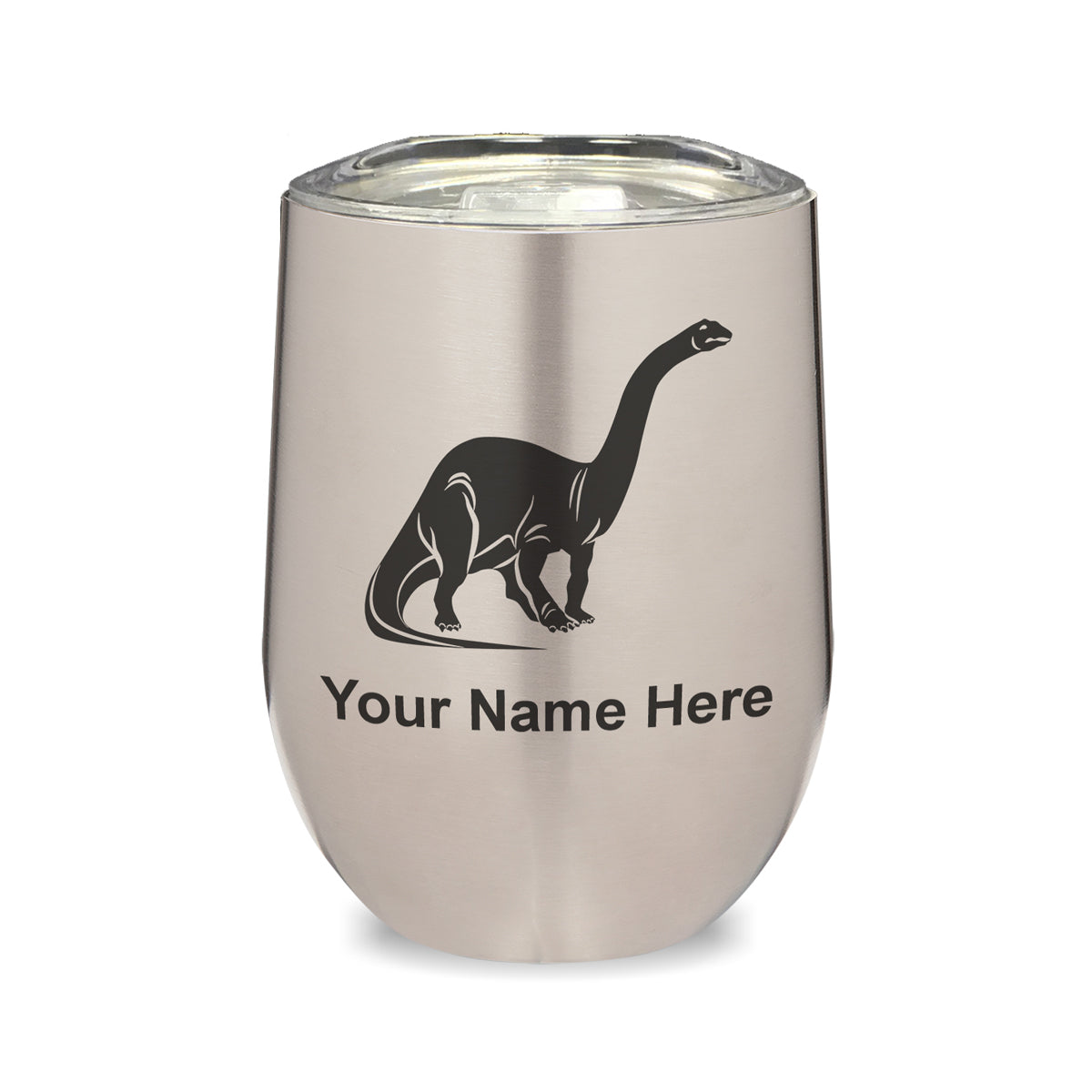 LaserGram Double Wall Stainless Steel Wine Glass, Brontosaurus Dinosaur, Personalized Engraving Included
