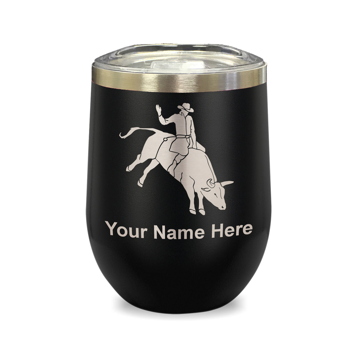 LaserGram Double Wall Stainless Steel Wine Glass, Bull Rider Cowboy, Personalized Engraving Included