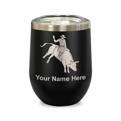 LaserGram Double Wall Stainless Steel Wine Glass, Bull Rider Cowboy, Personalized Engraving Included