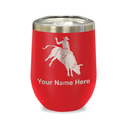 LaserGram Double Wall Stainless Steel Wine Glass, Bull Rider Cowboy, Personalized Engraving Included