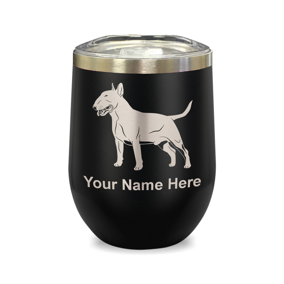 LaserGram Double Wall Stainless Steel Wine Glass, Bull Terrier Dog, Personalized Engraving Included