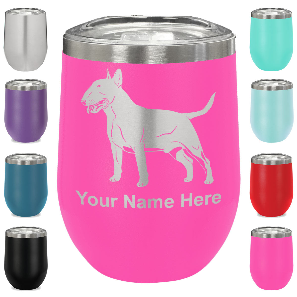 LaserGram Double Wall Stainless Steel Wine Glass, Bull Terrier Dog, Personalized Engraving Included