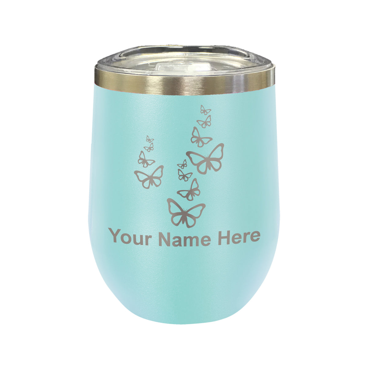 LaserGram Double Wall Stainless Steel Wine Glass, Butterflies, Personalized Engraving Included