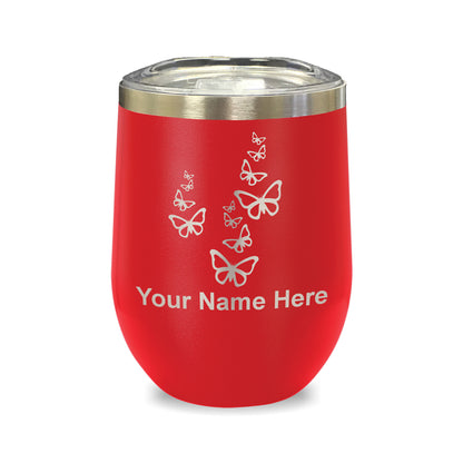 LaserGram Double Wall Stainless Steel Wine Glass, Butterflies, Personalized Engraving Included