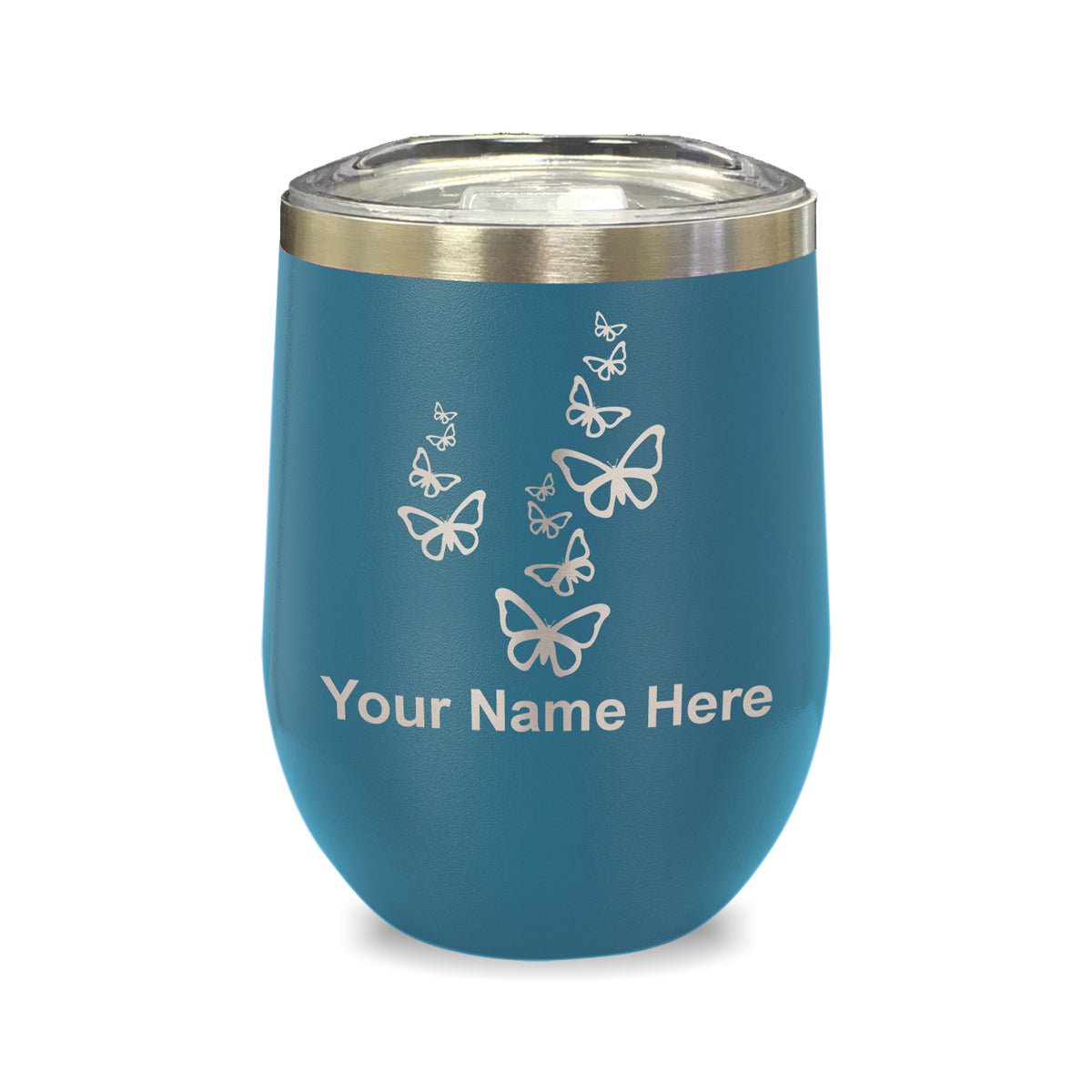 LaserGram Double Wall Stainless Steel Wine Glass, Butterflies, Personalized Engraving Included