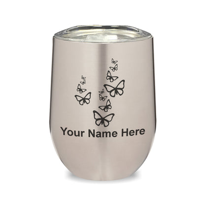 LaserGram Double Wall Stainless Steel Wine Glass, Butterflies, Personalized Engraving Included