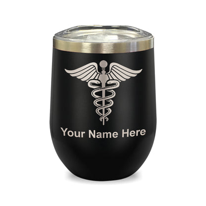 LaserGram Double Wall Stainless Steel Wine Glass, Caduceus Medical Symbol, Personalized Engraving Included