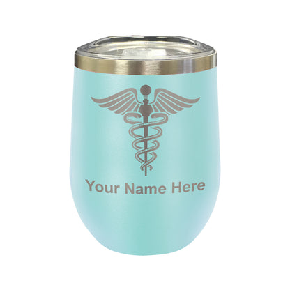 LaserGram Double Wall Stainless Steel Wine Glass, Caduceus Medical Symbol, Personalized Engraving Included