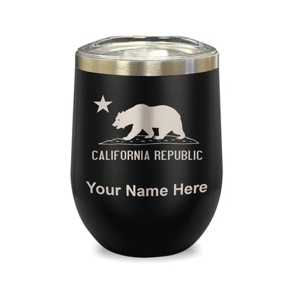 LaserGram Double Wall Stainless Steel Wine Glass, California Republic Bear Flag, Personalized Engraving Included
