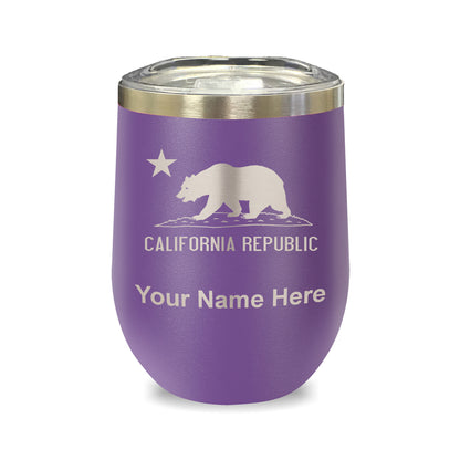 LaserGram Double Wall Stainless Steel Wine Glass, California Republic Bear Flag, Personalized Engraving Included