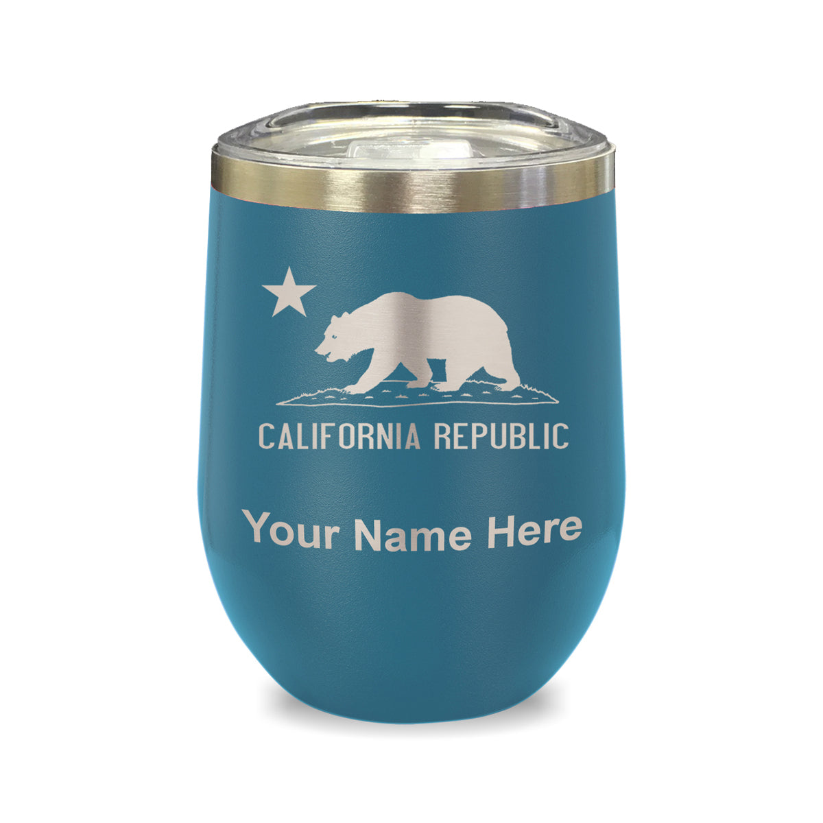 LaserGram Double Wall Stainless Steel Wine Glass, California Republic Bear Flag, Personalized Engraving Included