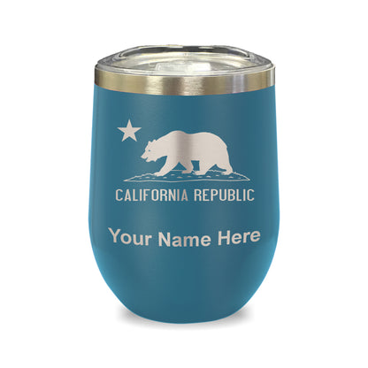 LaserGram Double Wall Stainless Steel Wine Glass, California Republic Bear Flag, Personalized Engraving Included