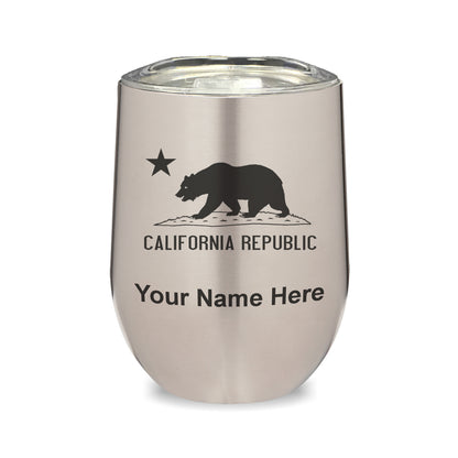 LaserGram Double Wall Stainless Steel Wine Glass, California Republic Bear Flag, Personalized Engraving Included