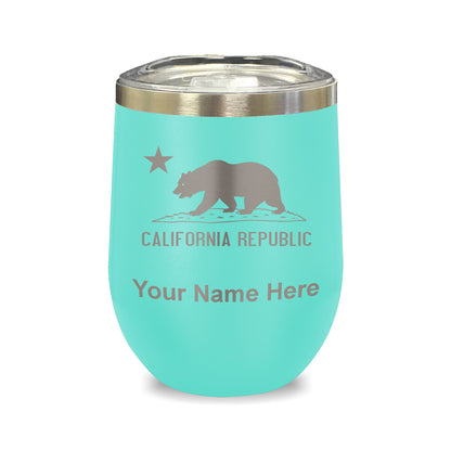 LaserGram Double Wall Stainless Steel Wine Glass, California Republic Bear Flag, Personalized Engraving Included