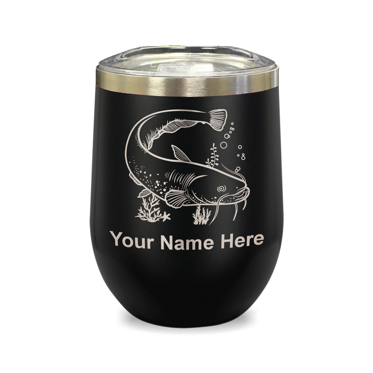 LaserGram Double Wall Stainless Steel Wine Glass, Catfish, Personalized Engraving Included