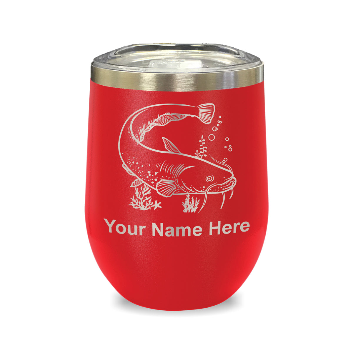 LaserGram Double Wall Stainless Steel Wine Glass, Catfish, Personalized Engraving Included