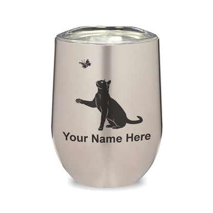 LaserGram Double Wall Stainless Steel Wine Glass, Cat with Butterfly, Personalized Engraving Included