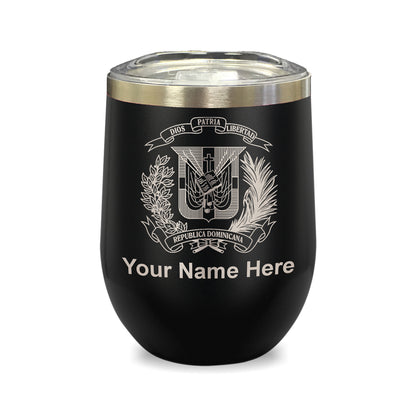 LaserGram Double Wall Stainless Steel Wine Glass, Coat of Arms Dominican Republic, Personalized Engraving Included