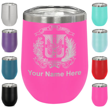 LaserGram Double Wall Stainless Steel Wine Glass, Coat of Arms Dominican Republic, Personalized Engraving Included