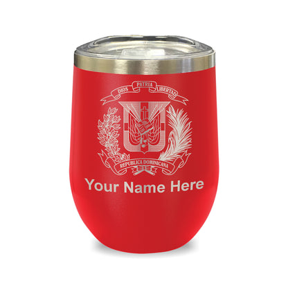 LaserGram Double Wall Stainless Steel Wine Glass, Coat of Arms Dominican Republic, Personalized Engraving Included