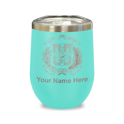 LaserGram Double Wall Stainless Steel Wine Glass, Coat of Arms Dominican Republic, Personalized Engraving Included