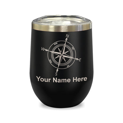 LaserGram Double Wall Stainless Steel Wine Glass, Compass Rose, Personalized Engraving Included