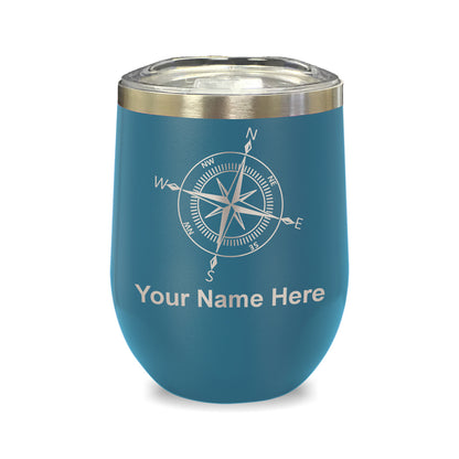 LaserGram Double Wall Stainless Steel Wine Glass, Compass Rose, Personalized Engraving Included