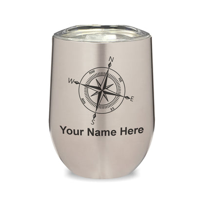 LaserGram Double Wall Stainless Steel Wine Glass, Compass Rose, Personalized Engraving Included