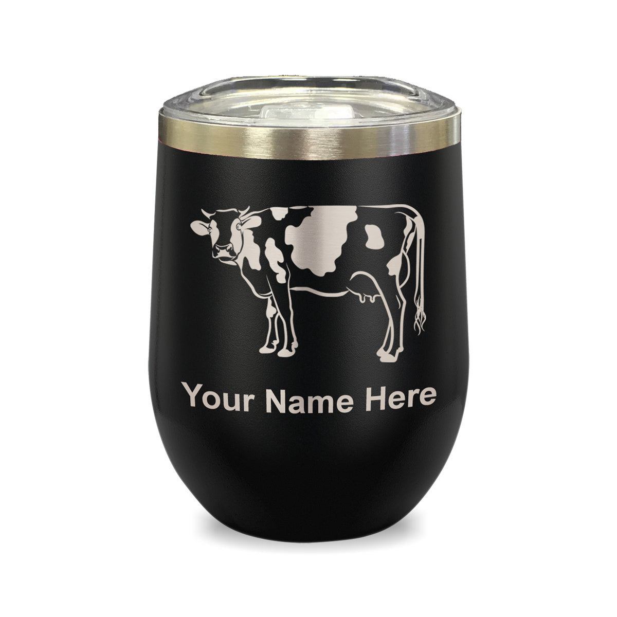 LaserGram Double Wall Stainless Steel Wine Glass, Cow, Personalized Engraving Included