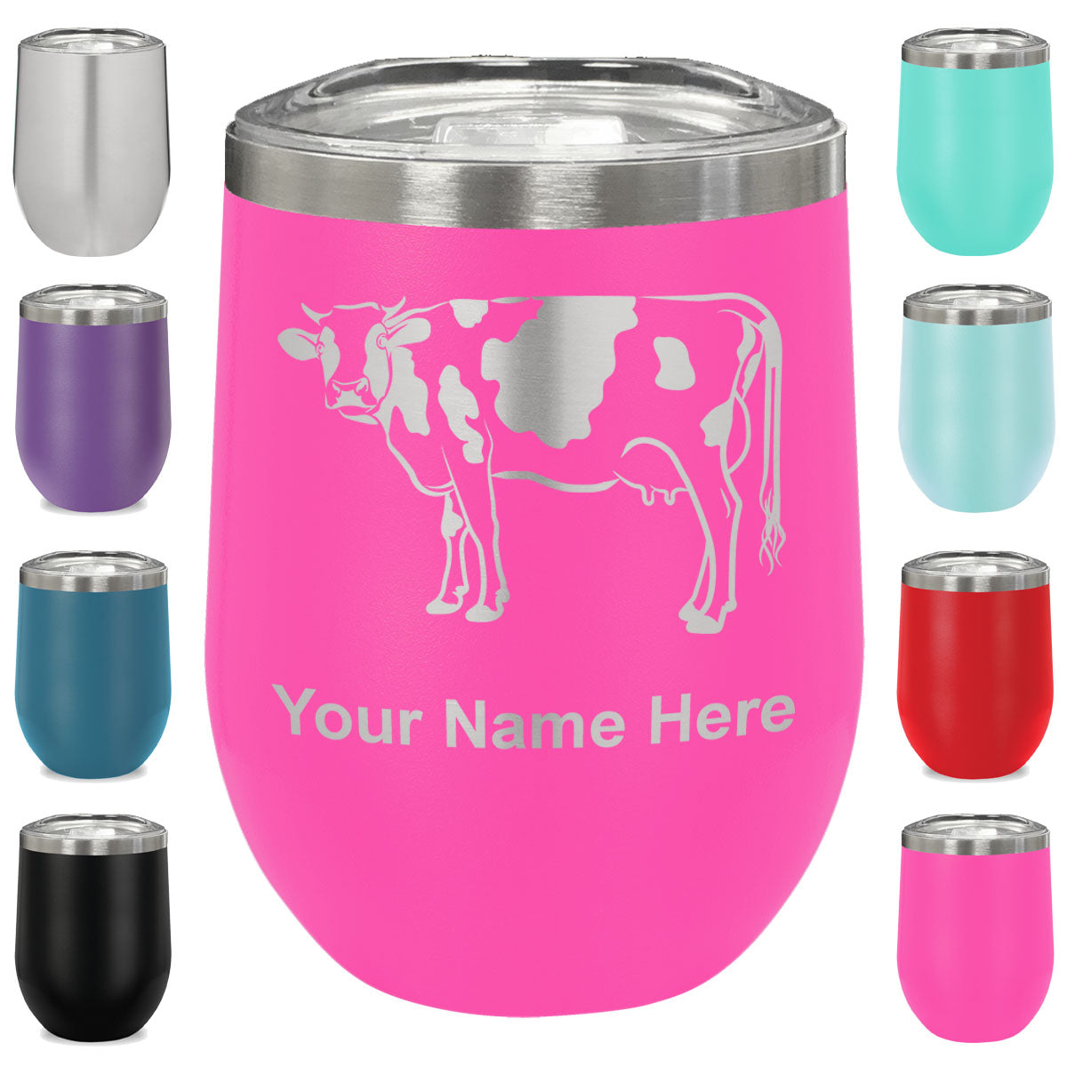 LaserGram Double Wall Stainless Steel Wine Glass, Cow, Personalized Engraving Included