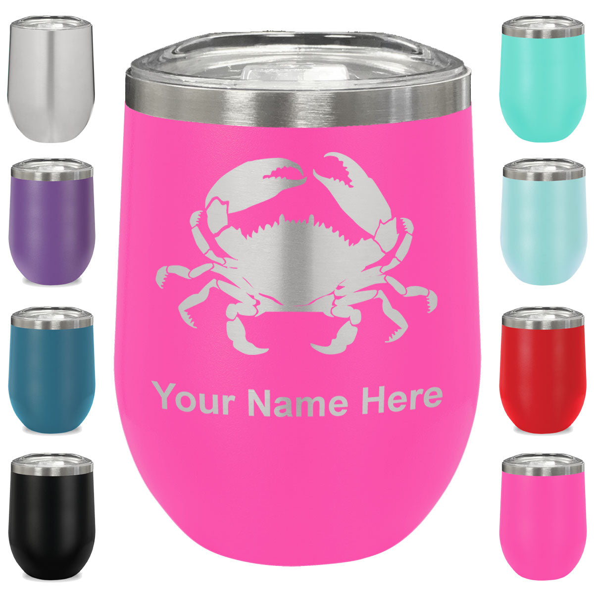 LaserGram Double Wall Stainless Steel Wine Glass, Crab, Personalized Engraving Included