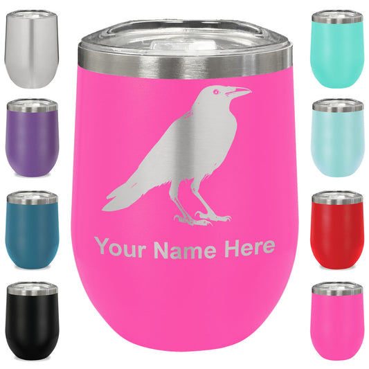 LaserGram Double Wall Stainless Steel Wine Glass, Crow, Personalized Engraving Included