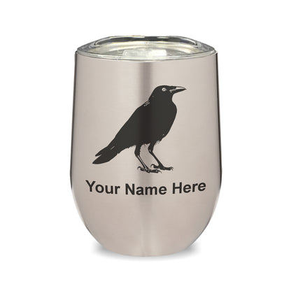 LaserGram Double Wall Stainless Steel Wine Glass, Crow, Personalized Engraving Included