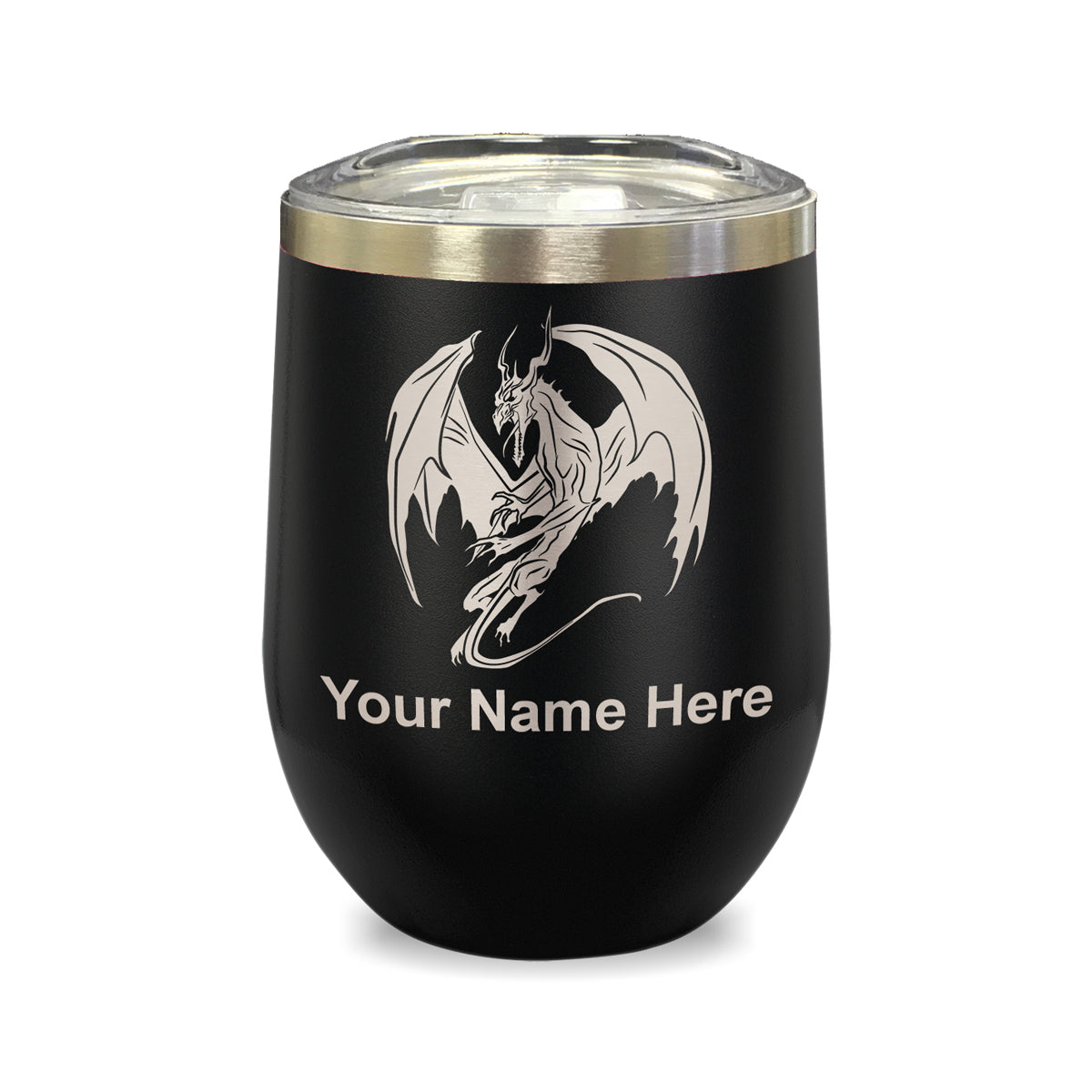 LaserGram Double Wall Stainless Steel Wine Glass, Dragon, Personalized Engraving Included