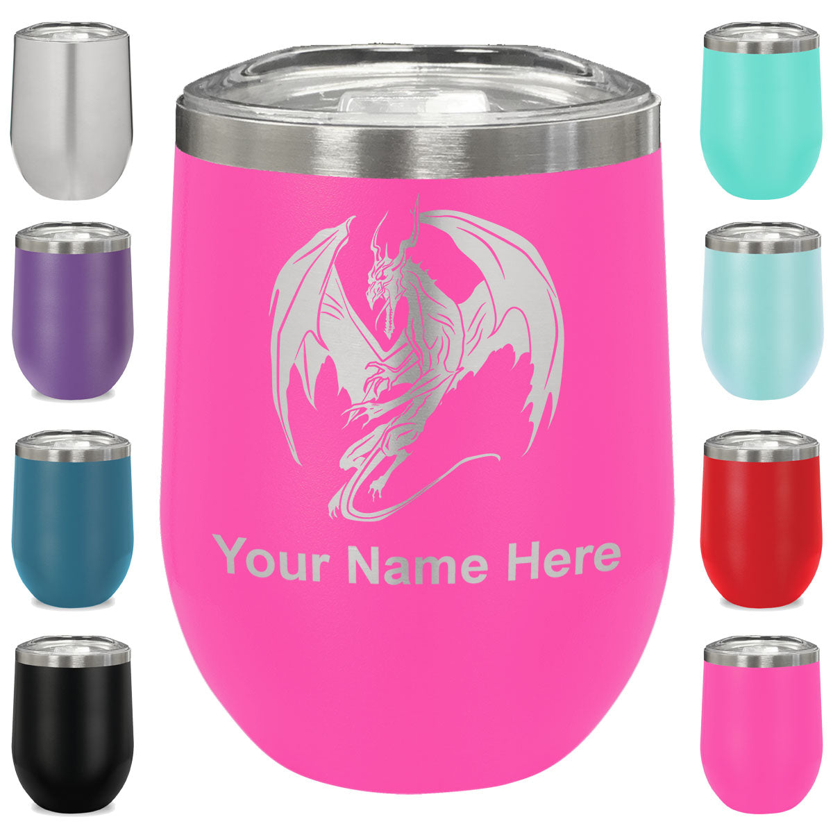 LaserGram Double Wall Stainless Steel Wine Glass, Dragon, Personalized Engraving Included