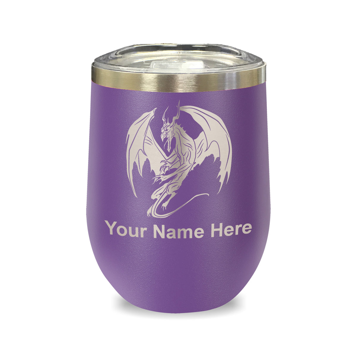 LaserGram Double Wall Stainless Steel Wine Glass, Dragon, Personalized Engraving Included