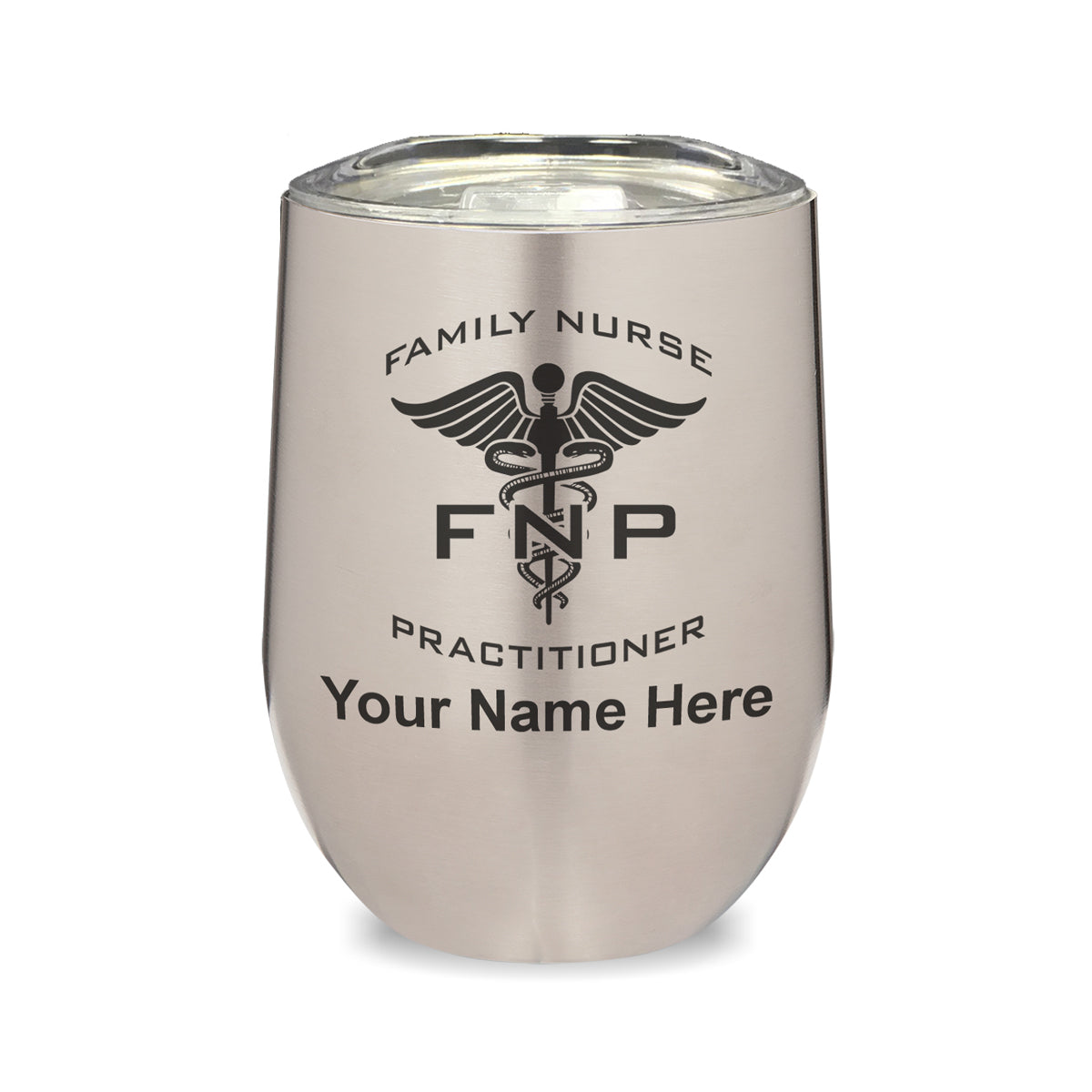 LaserGram Double Wall Stainless Steel Wine Glass, FNP Family Nurse Practitioner, Personalized Engraving Included