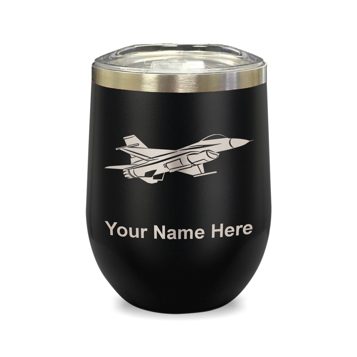 LaserGram Double Wall Stainless Steel Wine Glass, Fighter Jet 1, Personalized Engraving Included