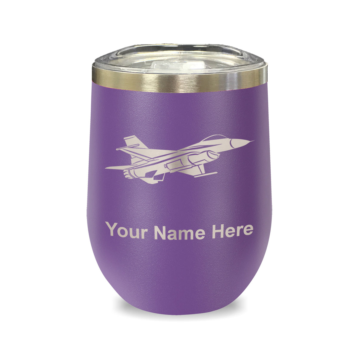 LaserGram Double Wall Stainless Steel Wine Glass, Fighter Jet 1, Personalized Engraving Included