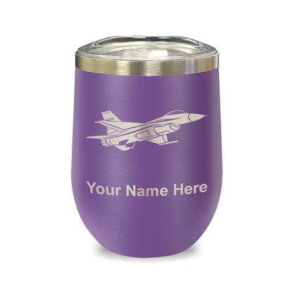 LaserGram Double Wall Stainless Steel Wine Glass, Fighter Jet 1, Personalized Engraving Included
