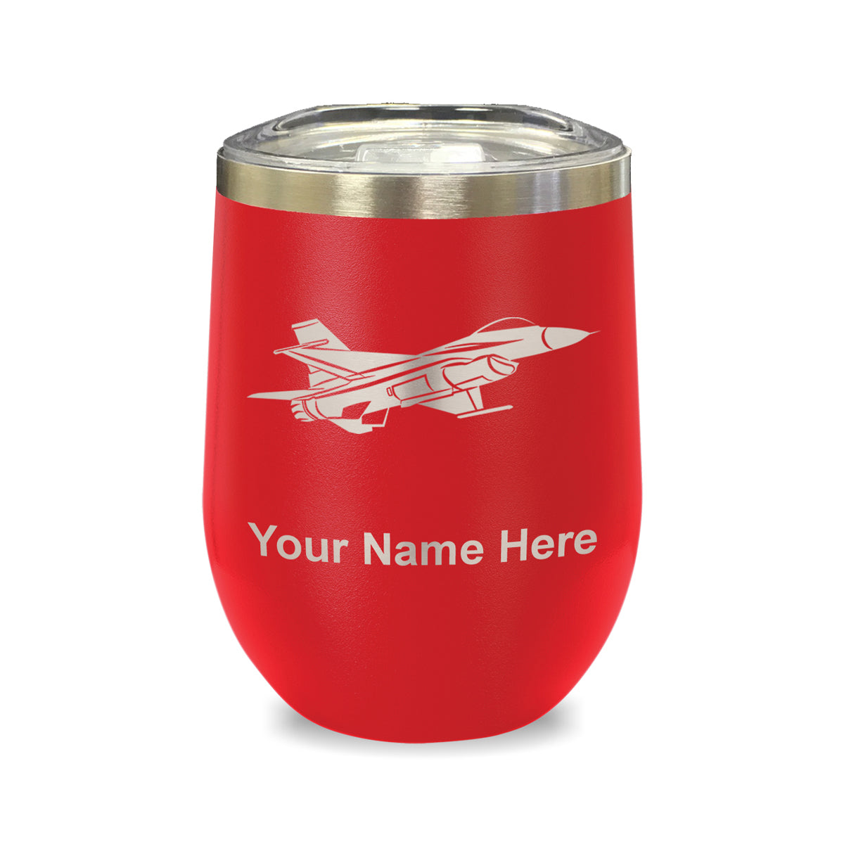 LaserGram Double Wall Stainless Steel Wine Glass, Fighter Jet 1, Personalized Engraving Included