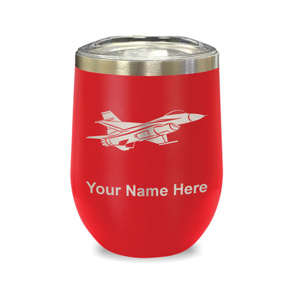 LaserGram Double Wall Stainless Steel Wine Glass, Fighter Jet 1, Personalized Engraving Included