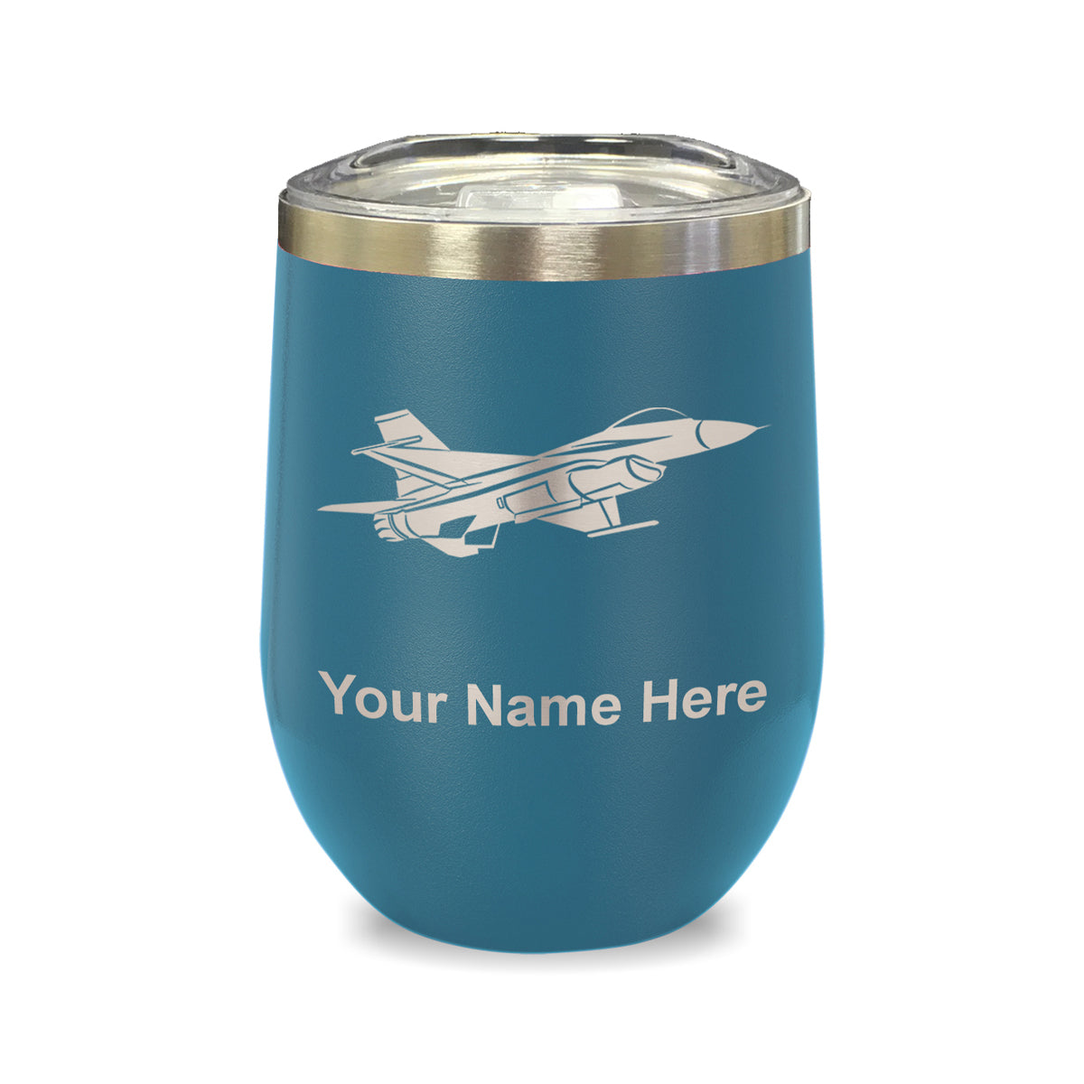 LaserGram Double Wall Stainless Steel Wine Glass, Fighter Jet 1, Personalized Engraving Included