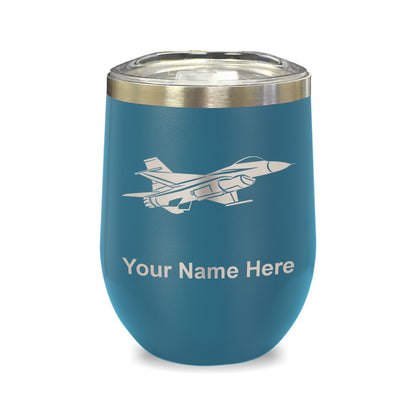 LaserGram Double Wall Stainless Steel Wine Glass, Fighter Jet 1, Personalized Engraving Included
