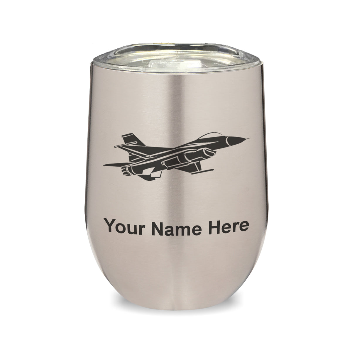 LaserGram Double Wall Stainless Steel Wine Glass, Fighter Jet 1, Personalized Engraving Included