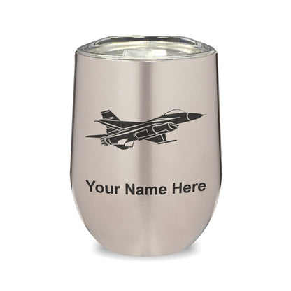 LaserGram Double Wall Stainless Steel Wine Glass, Fighter Jet 1, Personalized Engraving Included
