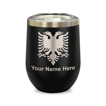 LaserGram Double Wall Stainless Steel Wine Glass, Flag of Albania, Personalized Engraving Included