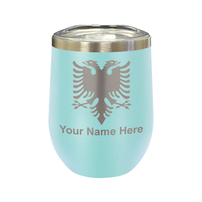 LaserGram Double Wall Stainless Steel Wine Glass, Flag of Albania, Personalized Engraving Included